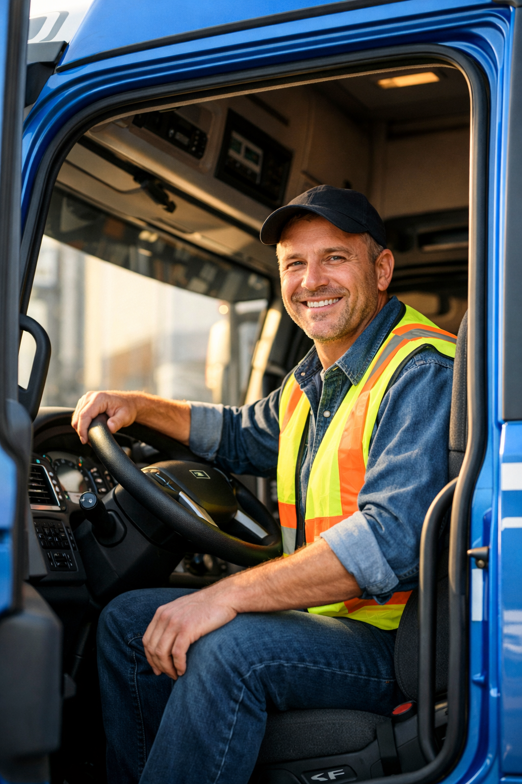 Fahrer im LKW-Führerhaus bei der Arbeit